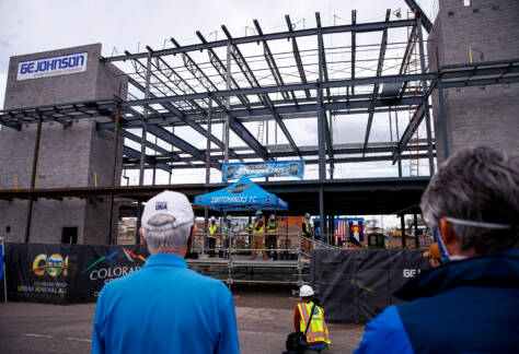 May 15, 2020; Colorado Springs, CO, USA; Topping off ceremony for the Downtown Stadium. Credit: Isaiah J. Downing/Switchbacks FC
